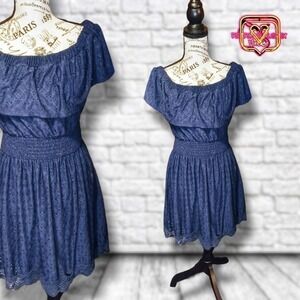 Trixxi Navy Blue Eyelet Lace Off the Shoulder Smocked Mini Dress